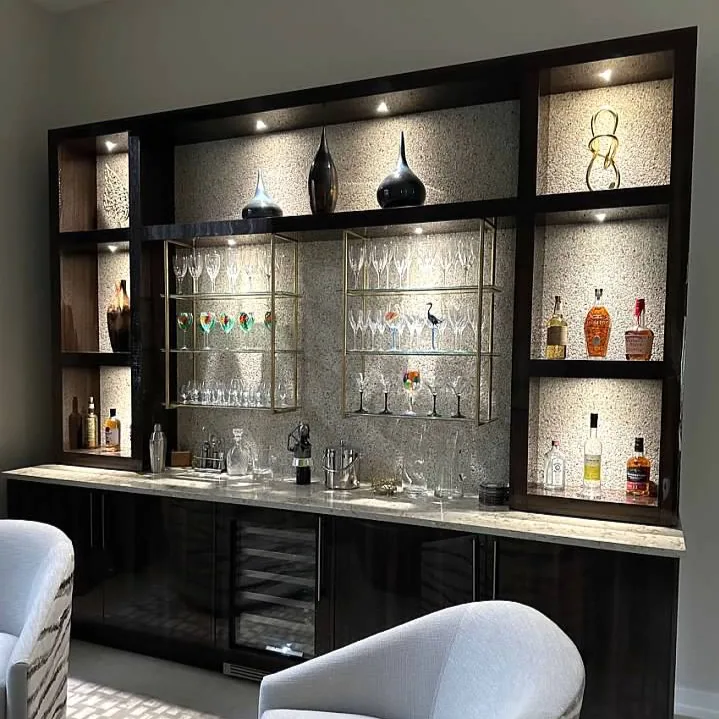 Custom back bar with backlit display niches and glass stemware shelving, Palm Beach County residence, Jupiter FL